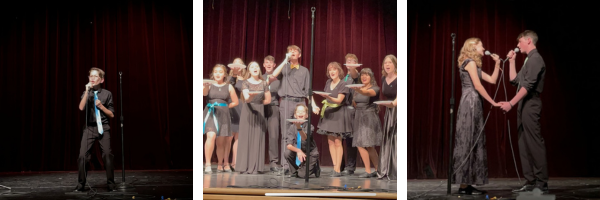 Three photos of performers on stage from the 2022 Harmonies of Hope Event to benefit The Grief Center
